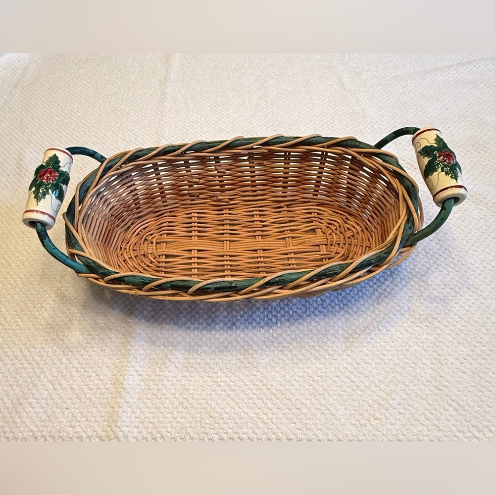 Woven Basket with Ceramic Handles and Poinsettia Accents